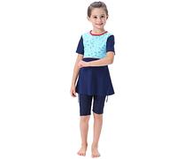 Modest Muslim Swimwear for Girl Kids Islamic Burkini Rash Guard Short Sleeve Swimsuit UPF 50+ Bathing Suit Pakistan Dubai Middle East Beachwear Hijab Hooded Top Pants Swimming Costume Navy Blue 7-8Y