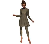 Modest Swimwear for Women, Burkini Swimwear for Ladies, Muslim Islamic Swimming Costume Full Body Swimsuit Long Sleeve Top Skirt and Pants Set Two Pieces Full Coverage Bathing Suit Brown-Green L