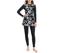 Modest Swimwear for Women Girls UK Clearance, Two Piece Swimming Costume Long Sleeve Swim Dresses with High Waisted Long Swim Pants Ladies Swimsuits Tropical Floral Printed Beachwear Bathing Suit