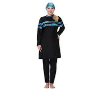 Modest Swimwear for Women Plus Size, Ladies Muslim Modest Islamic Swimming Costume Full Covered Burkini Swimsuits Long Sleeve Swimming Top+Pants+Hijab Full Body Swimsuit Black+Blue Stripes 8X-Large