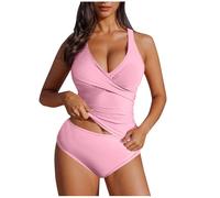 Modest Swimwear for Women Twisted Front Tummy Control Tops with Chest Cushion Criss Cross Back Two Piece Tankini Swimwear Casual Beach Sports Surfing Swimsuits