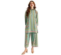 Modestouze Attires Cord Set for Women Cotton Stylish Poly Rayon Long Sleeves Turkish Co Ord Mandarin Neck Floral Print Western Co Order Set for Women, Wear as Office Coat, Travel Coord, Cot, Green