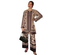 Modestouze Attires Turkish Cord Set for Women Stylish - Poly Rayon Long Sleeves Co Ord Set Mandarin Neck Floral Print Western Co Order Sets for Womens Wear as Office Coat, Travel Coord, Black, M