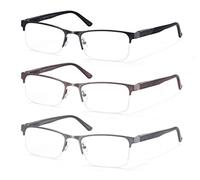 MODFANS 3 Pack Reading Glasses Men Blue Light Blocking Half Frame Metal Stainless Steel Material Rectangle Readers Glasses Black Brown Grey