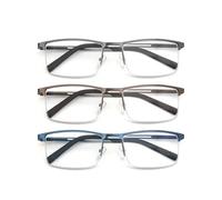 MODFANS 3 Pack Reading Glasses Men Blue Light Blocking Metal Frame Rectangle Semi Rimless Style Stainless Steel Material Readers Glasses Grey Blue Brown