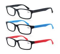MODFANS Reading Glasses Men Women 3 Pack,Rectangular Clear Lens Comfort Spring Hinge Eyeglasses,Stylish Lightweight Plastic Readers with Pouch Black-Blue-Red