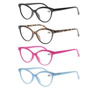 MODFANS Women Reading Glasses 2.0 4 Pack Fashion Colors Cat Eye Readers for Ladies Compact Spring Hinge Lightweight Frame Includes Pocket
