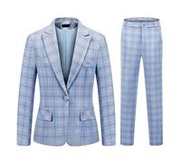 MODFUL Women Suits Formal 2-Piece Plaid Trouser Suit Smart Office Classic Suit for Ladies UK (Blue, L)