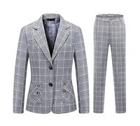 MODFUL Women Suits Formal 2-Piece Plaid Trouser Suit Smart Office Classic Suit for Ladies UK (Grey1, L)