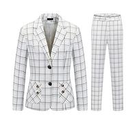 MODFUL Women Suits Formal 2-Piece Plaid Trouser Suit Smart Office Classic Suit for Ladies UK (White, M)
