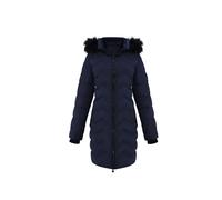 MODISHION Women's Detachable Hooded Mid-length Chevron Quilted Coat with Faux Fur Trim in Navy | Size: 2XL MODISHION Navy 2XL