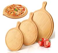 Modixun 3 Pack Pizza Cutting Board with Handle, Round Wood Bamboo Pizza Serving Tray, Charcuterie Boards Wooden Pizza Peel for Pizza Bread Cake Fruit Cheese (30cm + 25cm + 20cm)