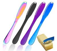 Modixun 4 Colors Stainless Steel Butter Knife Spreader, 3 in 1 Butter Spreader, Butter Knives for Butter Cutter Grater, Butter Slicer Curler with Holes and Serrated Edge