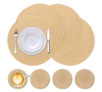 Modixun Set of 4 Round Placemats and 4 Coasters, 38cm + 11cm Washable Dual-Side Woven Place Mats, Boho Heat Resistant Non Slip Dining Table Mats for Indoor Outdoor (Khaki)