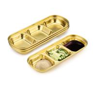 Modixun Stainless Steel Soy Sauce Dish, 3 Grids Metal Dipping Bowls, Small Sauce Cups for Side Dishes Appetizer Dip Ingredient Prep Charcuterie, Gold Condiment Tray, 4 Pack