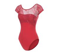 ModLatBal Women's Basic Short Sleeve Leotard forBallet Dance Gymnastics, Burgundy/Lace, Small