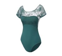ModLatBal Women's Basic Short Sleeve Leotard forBallet Dance Gymnastics, Dark Green Lace, Large