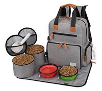Modoker dog Travel Bag, Airline Approved Backpack for Pet Accessories Organizer, Tote Weekend Bag with 2 Food Storage Containers, 2 Collapsible Bowls, 1 Pet Mat, Grey