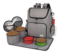 Modoker Dog Travel Bag Backpack, Airline Approved Pet Accessories Organizer for Dog and Cat with Shoulder Strap, 2 Dog Food Storage Containers, 2 Collapsible Dog Bowls,1 Pet Mat, Grey