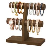 MODOWEY Bracelet Stand Holder Bangle Display for Selling, 2 Tier Wooden T Bar Organizer Rack for Vendors Women Storage Necklace Watch, Desktop Vertical Jewellery Tree for Home Business, Brown