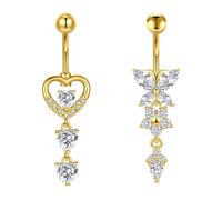 MODRSA 14G 10mm Belly Button Rings for Women, Gold Dangle CZ Butterfly Flower Heart, 2PCS Stainless Steel Navel Piercing Jewelry Belly Bars for Outfit Crop Top