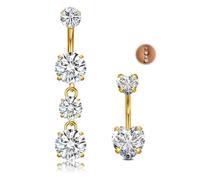 MODRSA 2PCS Belly Button Piercing Jewellery, Stainless Steel 14G 10mm Dangly Belly Ring with Heart Round CZ, Gold Curved Barbell Navel Bar for Women