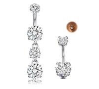 MODRSA 2PCS Belly Button Piercing Jewellery, Stainless Steel 14G 10mm Dangly Belly Ring with Heart Round CZ, Silver Curved Barbell Navel Bar for Women