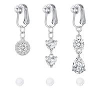 MODRSA 3PCS Fake Belly Button Rings for Women, Stainless Steel Non Piercing Dangly Belly Body Piercing Jewellery, Silver Clip on Navel Bars with Heart Round CZ for Beach Party