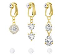 MODRSA 3PCS Fake Belly Button Rings for Women, Stainless Steel Non Piercing Dangly Belly Body Piercing Jewellery, Gold Clip on Navel Bars with Heart Round CZ for Beach Party