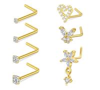 MODRSA 7PCS L Shaped Nose Screw, Gold 20G 7mm Nose Ring Studs with CZ, Stainless Steel Nostril Piercing Jewellery Heart Butterfly Flower with Dangle for Women