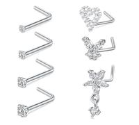 MODRSA 7PCS L Shaped Nose Screw, Silver Gold 20G 7mm Nose Ring Studs with CZ, Stainless Steel Nostril Piercing Jewellery Heart Butterfly Flower with Dangle for Women