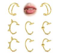 MODRSA 8PCS Fake Lip Ring Non-Piercing Labret Hoops, 10mm Clip On Septum Piercing Faux Body Jewellery for Women Men, Gold/Silver/Black