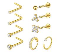 MODRSA 9PCS 20G Nose Ring Hoop Lip Studs for Women, L-shaped Nose Screw, Push-in Labret Helix Tragus Cartilage Earring with CZ, Stainless Steel Gold Body Piercing Jewellery