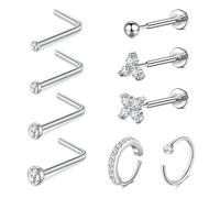 MODRSA 9PCS 20G Nose Ring Hoop Lip Studs for Women, L-shaped Nose Screw, Push-in Labret Helix Tragus Cartilage Earring with CZ, Stainless Steel Silver Body Piercing Jewellery