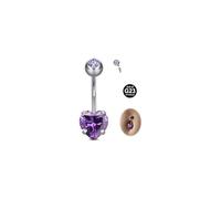 MODRSA G23 Solid Titanium Belly Button Bars, 14G 14mm Belly Button Piercing Jewellery with Heart Purple CZ, Silver Curved Navel Ring Body Piercings for Women