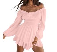 MODSGUE Women's Pirate Off Shoulder Mini Dress with Integrated Shorts Underneath, Long Sleeve/Short Sleeve, Ruffle A Line, Pink, Size M