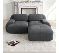 Modular 2 Seater Corduroy Sofa Corner Couch with Pouf No Assembly Anti Slip Base Freely Combinable Cact Design 208×178×75cm (Gray)