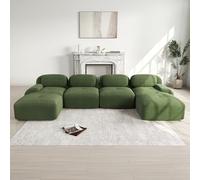 Modular 4 Seater Corduroy Corner Sofa with 2 Ottomans No Assembly Non Slip Base Freely Combinable Cact Design 388×178×75cm (Green)