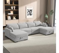 Modular 4 Seater Sofa with Wide Armrests Sliding Seats Cushions & Pouf Included Stylish Gray Living Room Couch for 4 People + 2 Pillows