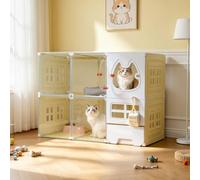 Modular Cat Cage, Multi-Tier Indoor Enclosure with Litter Box | Iron and Pp Resin Frame, Includes Tray and Scoop, for 1-3 Cats, Fits Small Animal Playpens White M