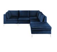 Beliani Left Hand 4 Seater Modular Velvet Corner Sofa With Ottoman Blue Evja, Blue