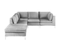 Beliani Modular Corner Sofa 4 Seater Evja Right Hand Grey Velvet With Ottoman