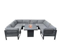 Modular Garden Furniture Set Large Grey 8 Seater U Shape Cushioned Sofa & Table With Gas Fire Pit 9 Piece Aluminium Lounge Seating Dining Outdoor Patio Conversion Corner Set FREE Waterproof Rain Cover
