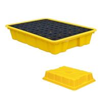 Modular Spill Containment Platform with Drainage Pockets & Forklift Base Stackable Leak-Proof Solution for Safe Barrel Storage & Transport