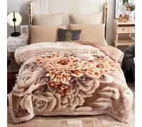 MODUSKYE Mink Blankets, Korean Heavy Fleece Plush 59 * 78 inch 2 Ply Mink Blankets with Peony Pattern 5.5 LB Full Supper Soft Cozy Raschel Blanket for Autumn Winter (Khaki)