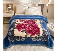 MODUSKYE Mink Blankets, Korean Heavy Fleece Plush 59 * 78 inch 2 Ply Mink Blankets with Rose Red Flowers 5.5 LB Full Supper Soft Cozy Raschel Blanket for Autumn Winter (Beige+Blue)
