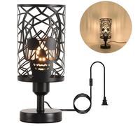 Modxian Skull Table Lamp with Plug-in Switch, Black Industrial Nightstand Lamp with Round Skull Metal Cage Lampshades, E26 Goth Desk Lamp for Bedroom Living Room Halloween Easter