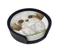 Moe Shih Tzu Dog Cute,Set of 6 Round Coasters, Pu Leather Drinks Coasters with Holder for Home Office Kitchen