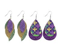 MOEEIJEW 2 Pairs Mardi Gras Earrings for Women Sparkly Glitter Leather Layer Leaf Mardi Gras Dangle Earrings Holiday Jewelry, One Size, Metal, No Gemstone