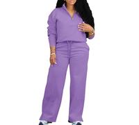 MOEENCN Women 2 Piece Outfits Sweatsuit Oversized Half Zip Sweatshirt Wide Leg Sweatpant Casual Lounge Matching Set Tracksuit, Purple, Large